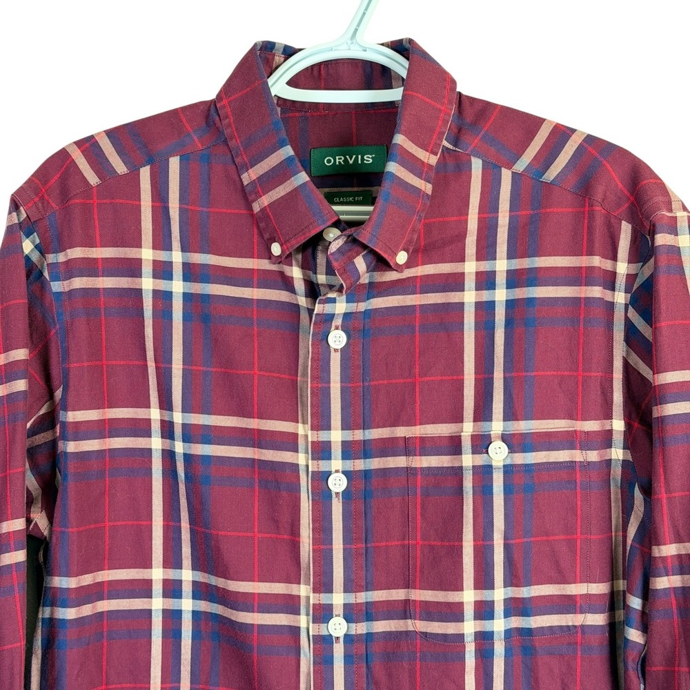 Orvis Button Down Shirt Mens M Burgundy‎ Plaid Classic Fit Long Sleeve Stretch